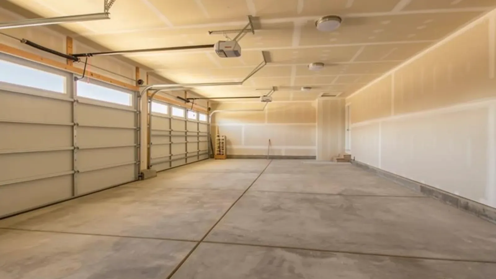 Two-bay garage with the walls and ceiling drywalled and taped, overhead doors closed and a bare concrete floor