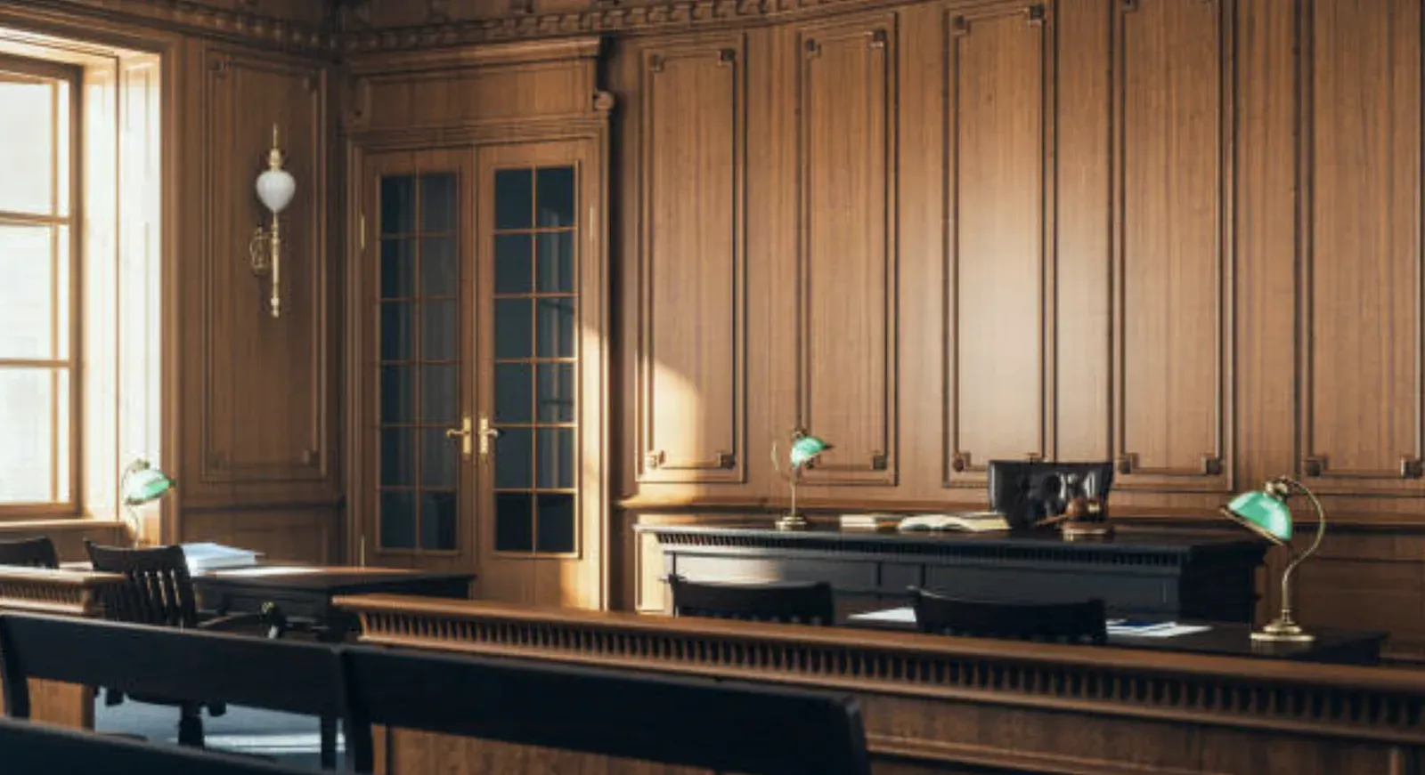 Wood-paneled civic hearing room with a raised bench, green-shaded desk lamps, and paneled double doors beneath a plaster cornice and finished upper walls