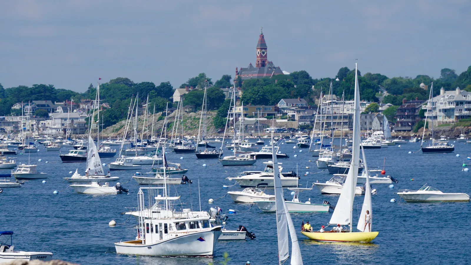 Marblehead Harbor crowded with moored sailboats below Abbot Hall's clock tower, Marblehead, Massachusetts