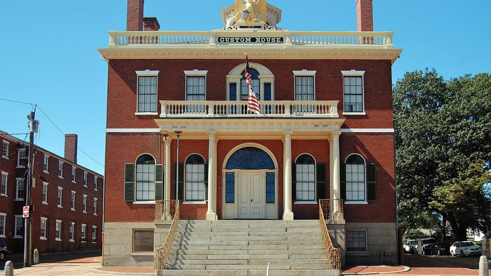 Salem Custom House, a Federal-style brick building with a gilded eagle above the balustrade, Salem, Massachusetts