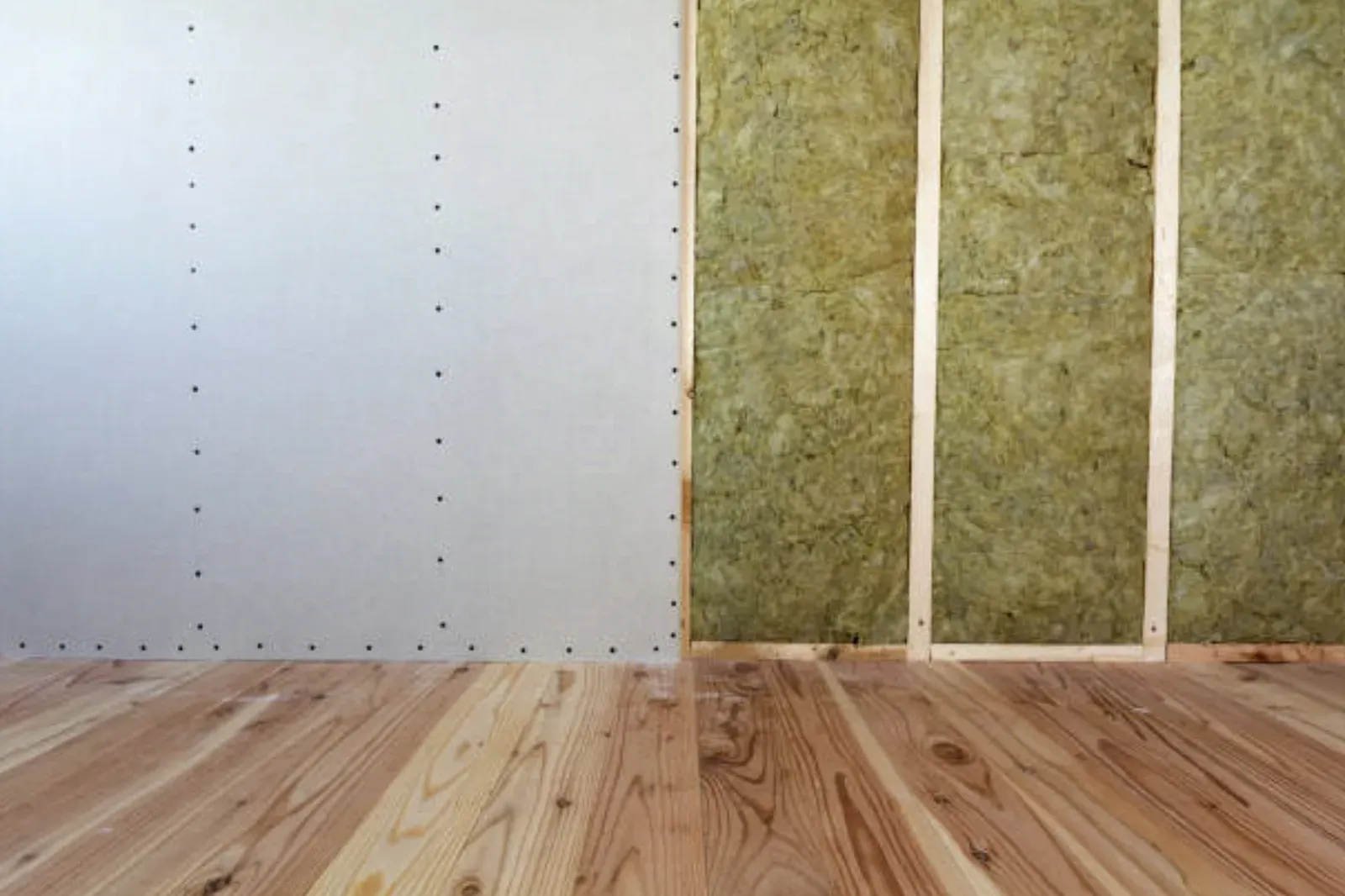 Interior wall mid-install, one section hung with screwed drywall board and the next bay of wood studs still open and filled with mineral-wool sound insulation above a wood floor